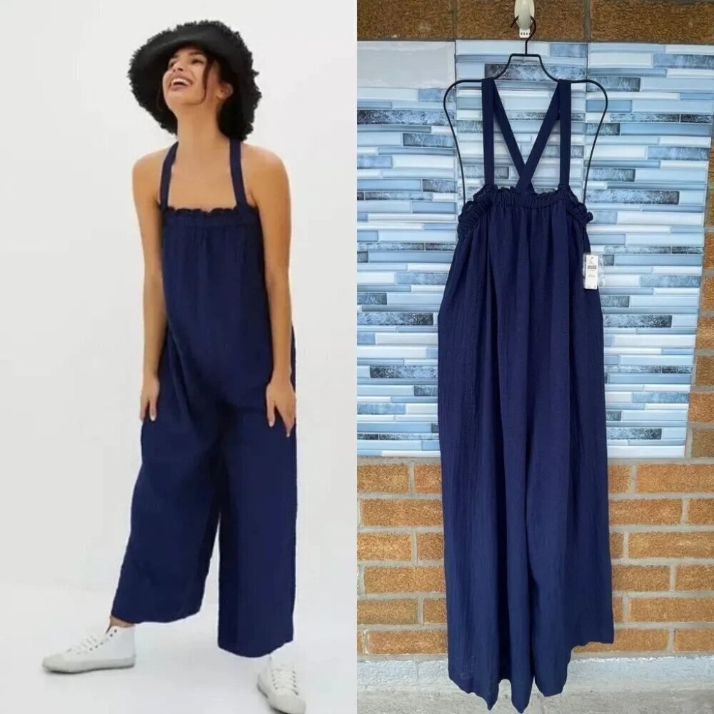 Anthropologie Navy Flowy Wide Leg Jumpsuit Xxs/xs - Picture 2 of 16